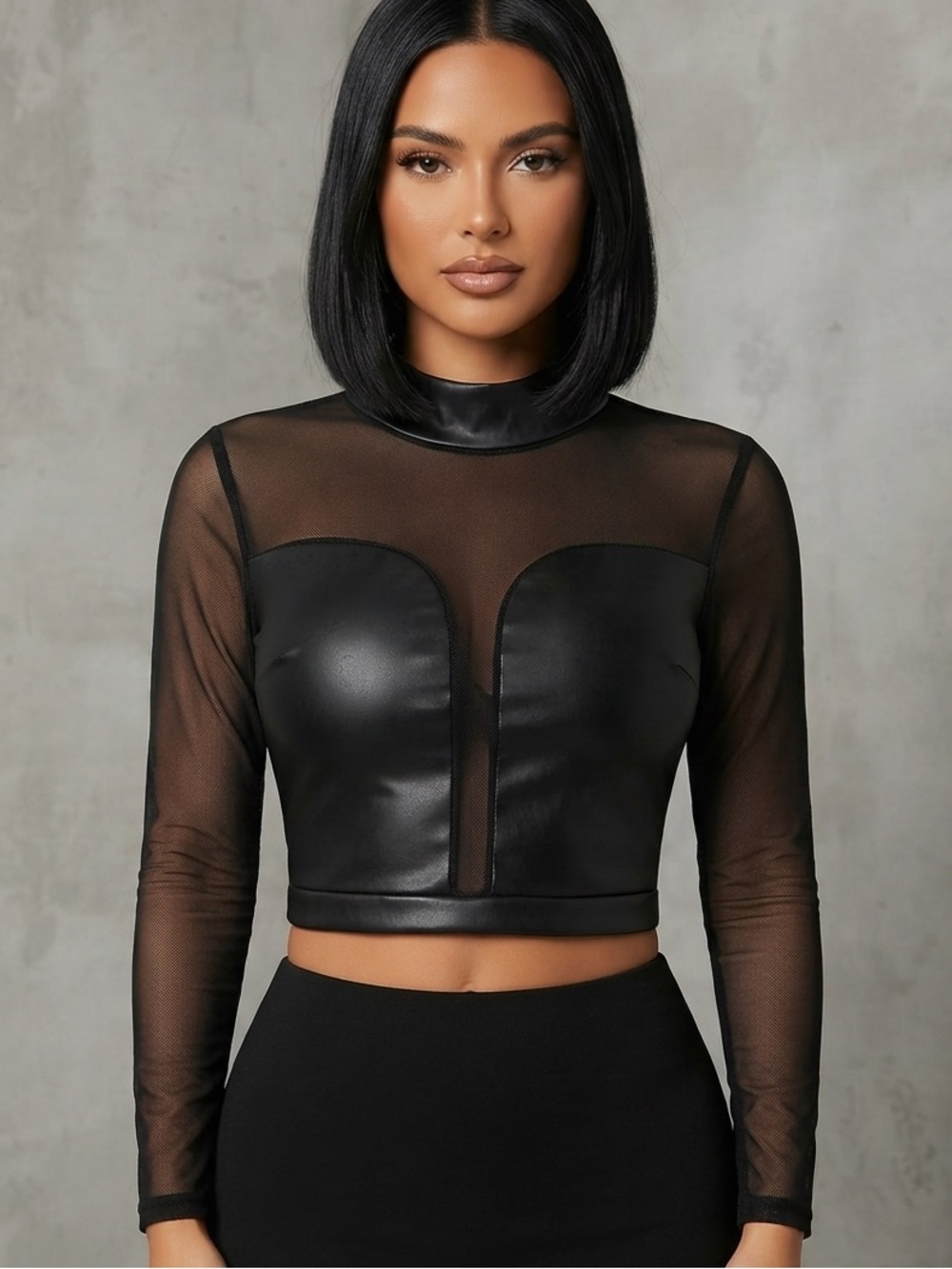 Auditions Fashion Faux Leather & Mesh Mock Neck Crop Top